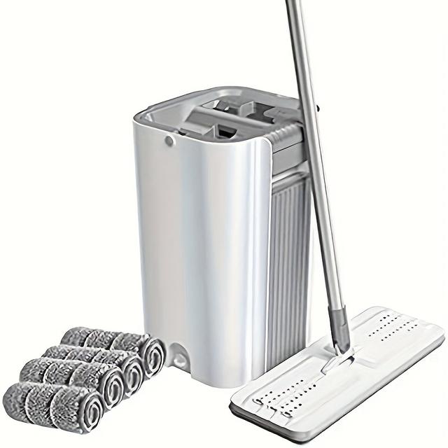 TEMU Flat Floor Mop And Bucket With Wringer Set, Mop And Bucket With 4 Washable Microfiber Pads, Wet And Dry Use, Household Cleaning Tools For All Floor Types And Windows