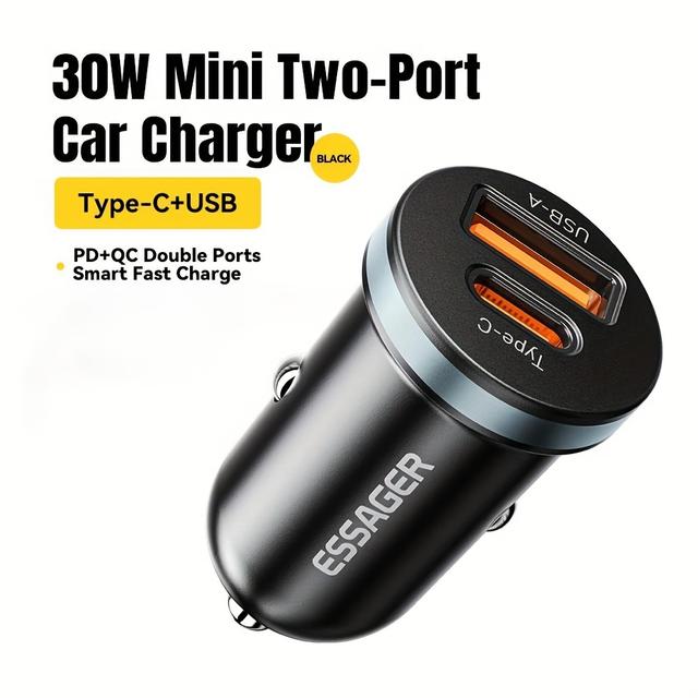 TEMU 1 Pack Essager 30w Usb Type-c In-car Charger Type-c Quick Charger Pd Qc 3.0 Scp 5a Fast Charging Car Phone Charger For Iphone
