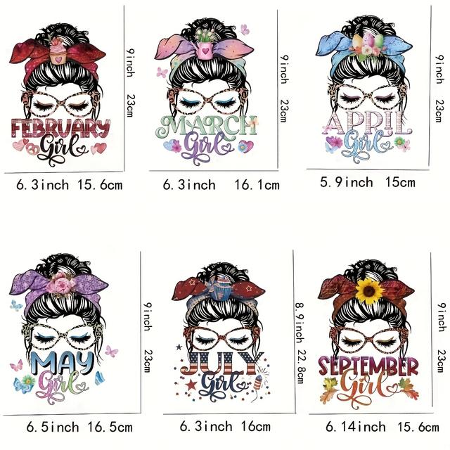 TEMU 6pcs/set Pretty Month Women Washable Iron-on Heat Transfer Sticker Heat Pressed Decals Heat Transfer Patch For T- Jeans Backpack