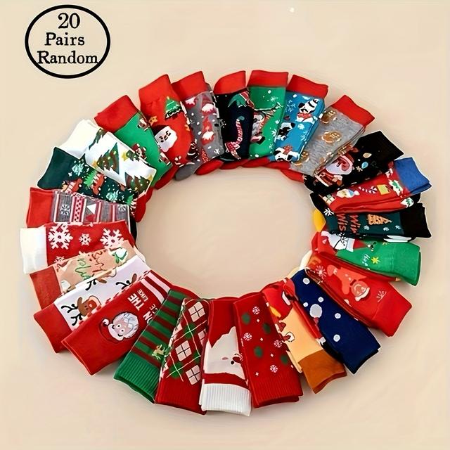 TEMU 20쌍 랜덤 스타일 크리스마스 양말 - 눈사람, 만화 , 귀엽고 편안한 디자인, 깜짝 선물, 선물하기 좋은 재미, 중목 양말
