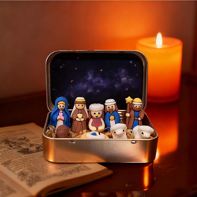 TEMU Mini Christmas Nativity Set In Tin Box, Mini Holy Family & Baby Jesus Figurines, Christmas Decor Gift For Family & , Suitable For Interior Decoration, Decoration