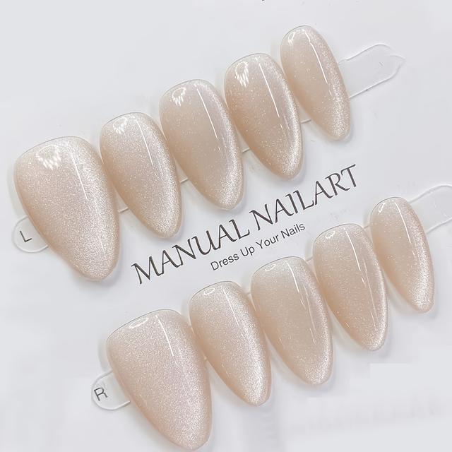 TEMU Set Of 10 Handcrafted Press-on Nails Featuring Nude Almond Shape With Glitter And Cat-eye Effects, Designed For Women And. Detachable And Wearable Fake Nails Offer A Stylish Option