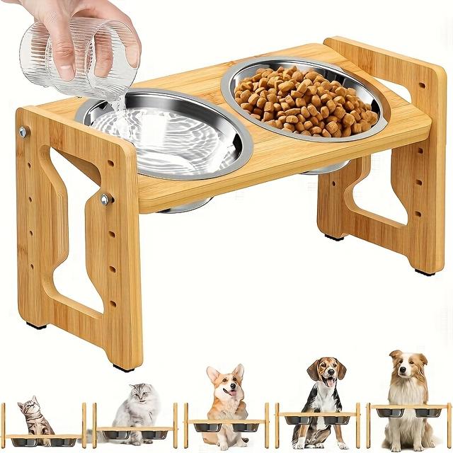 TEMU [durable Build] Adjustable Elevated Feeder With 2 Stainless Steel Bowls - Non-slip Bamboo Stand For Small Pets, Tilted Raised Design For Food & Water Dispensing, Easy Assembly, Natural
