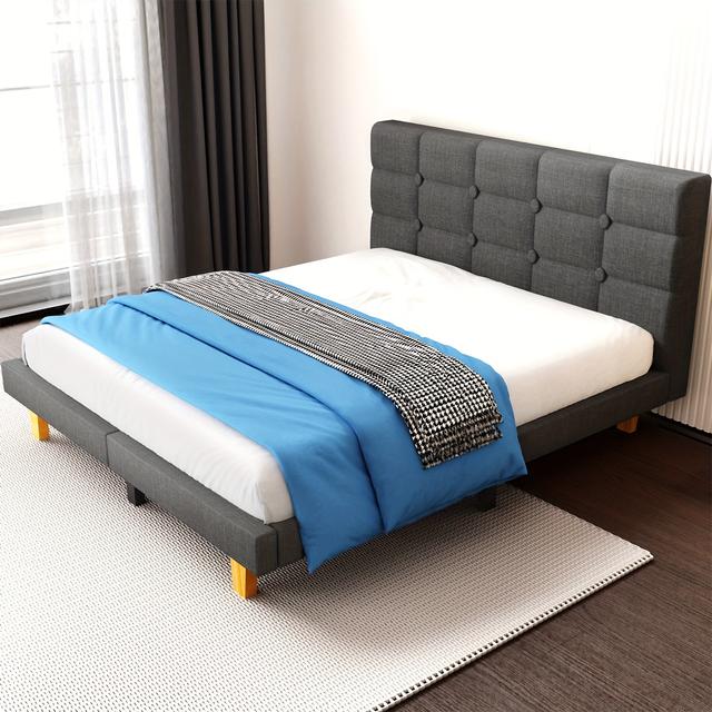 TEMU 90/120/140/160/180*200cm Double Bed Frame Upholstered With Headboard, Sturdy Wooden Slat Support, Spring Needed, Easy Assembly