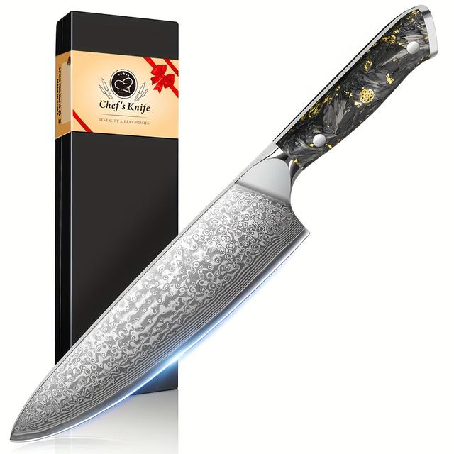 TEMU Damascenský kuchařský nůž, ultra ostrá VG-10 Ocel s pryskyřicovou rukojetí, profesionální šéfkuchařská nože do kuchyně v dárkovém balení