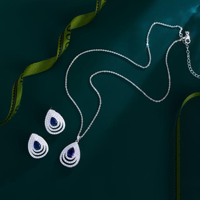 TEMU Elegant Shiny Blue Synthetic Zirconia Big Water Drop Shape Stud Earrings And Pendant Necklace Party Jewelry Set For Women