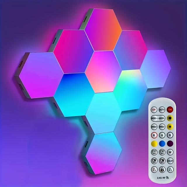 TEMU Set Of 10 Hexagonal Led Lights, Featuring Remote Control, Music Sync Capabilities, And Usb Power, Perfect For Decorating Game Rooms, Bedrooms, And Living Rooms With A Stunning Aesthetic.