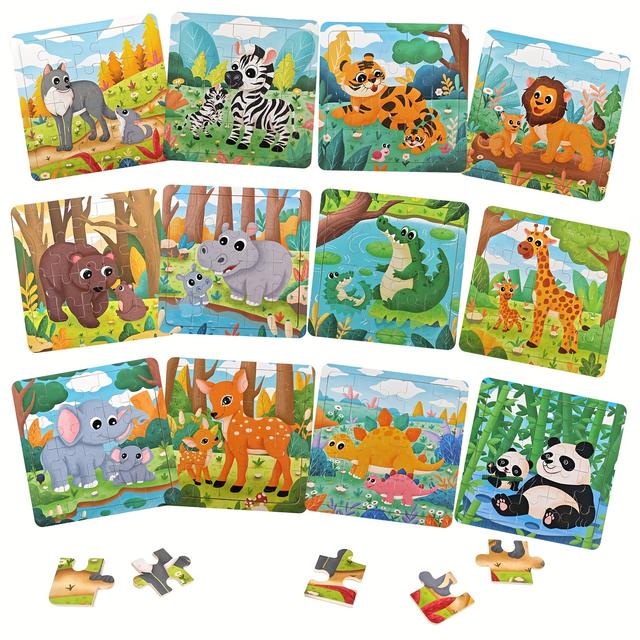 TEMU Wtoy 12pcs Wooden Animal Puzzle Set Color Shape Fine Skill Workout Children's Day Christmas Birthday Gift