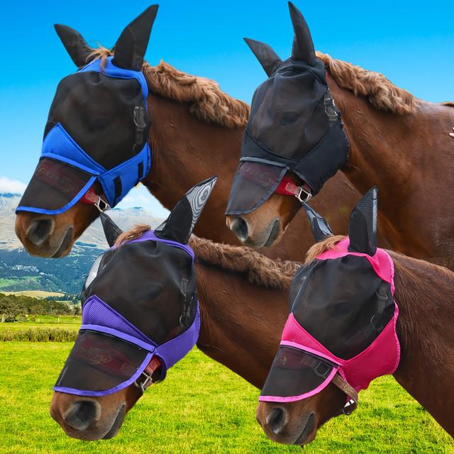 TEMU 4 Stück Atmungsaktive Pferdefliegenmaske – Großzügiges Design, Verlängerter Nasenschutz, mit Ohrenschutz, Mehrere Farben, Einheitsgröße