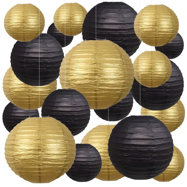 TEMU 20 Stück dekorative Papierlaternen, runde hängende Papierlaternen-Dekorationen für rustikale Partys, Brautparty, Hochzeit, goldene/schwarze Geburtstagsparty-Zubehör, golden/schwarz