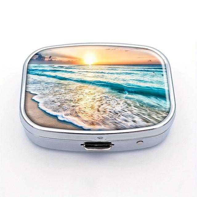 TEMU Ocean Beach Pill Box - 2-compartment Portable Medicine Organizer With Sunset Design, Compact Travel & Purse Case For Vitamins And Tablets, Pill Box For Purse