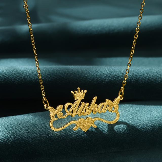 TEMU Customized Crown Heart-shaped Pendant Necklace, Matte And Shiny Styles, With Name Attached - For Mom, Wife, Family , | Multi-functional For Daily Wear, Made Of Stainless Steel, Christmas Gift