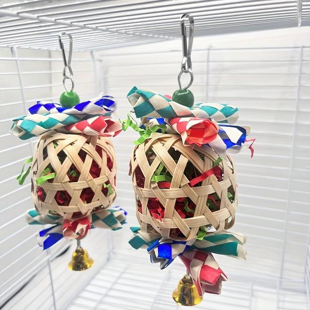 TEMU ./2 Stk. Handgewebte Papier-Vogellaterne mit Glöckchen - Natürliche Kau-Spielzeuge für Schnabelschleifen, Käfigdeko & Vogellocker im Freien, Zufällige Farben