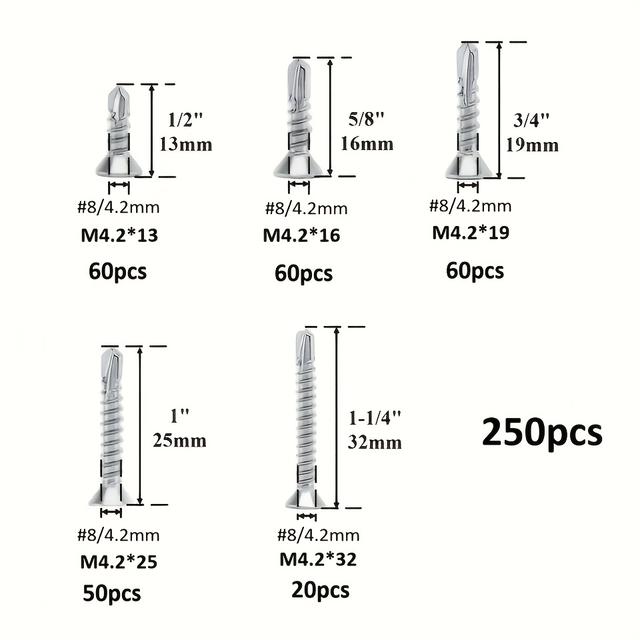 TEMU Conjunto de Parafusos Auto-roscantes M4.2, 250 unidades, Parafusos de Cabeça Chata em Aço Inoxidável, Tamanhos Incluídos 13 mm, 16 mm, 19 mm, 25 mm e 32 mm, Adequado para Trabalhos em Madeira e