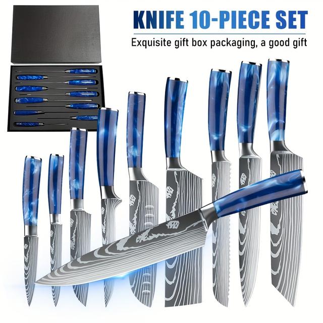 TEMU 5pcs/8pcs/10pcs Set, Kitchen Set With Gift Box, Pakkawood Ergonomic Handle, High Carbon Stainless Steel Professional Kitchen Knives For Home, Kitchen