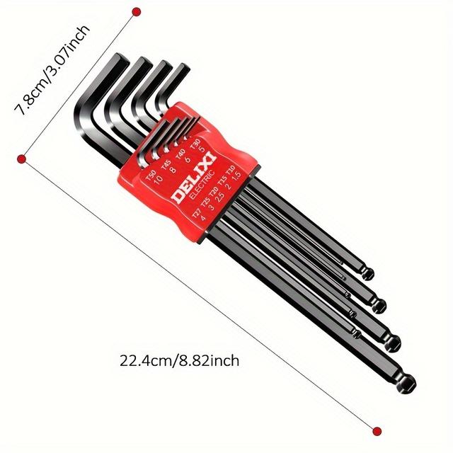 TEMU Electric 9pcs Long Arm Ball End Hex Key Set, Allen Wrenches, Cr-, Hinge Box, Sae Size Ball/star