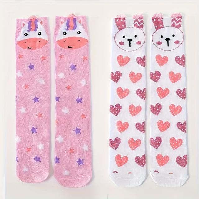 TEMU 2-pair Girls' Cute Bunny Over-the-knee (otk) Socks With Heart Patterns - Soft Mid-calf Pants Suits For Wear, Hand Wash Only, & Comfortable For, & Everyday ( & Little Girls) -