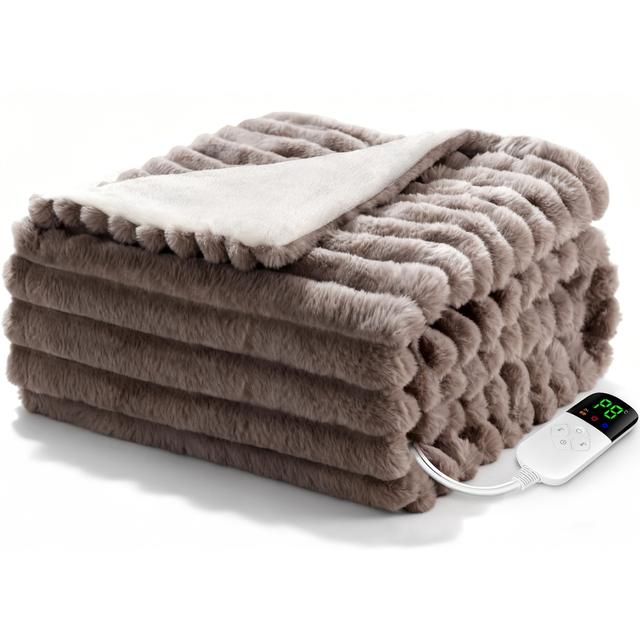 TEMU 超柔らかウサギ毛皮＆フ電気ヒーター - ベッド用、8段階温度設定、4タイマー、省エネ、自動オフ＆過熱防止、厚手ふわふわヒーターベッドスプレッド、PSE認証（シングルユーザー）