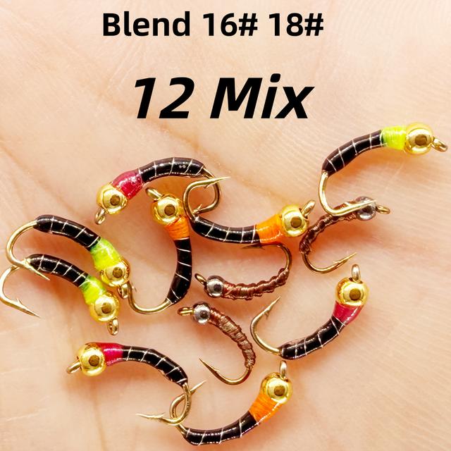 TEMU 12pcs Mixed Bead Head Sinking Worm Fly Wet Bait Nymph Suitable For , , Mackerel Fishing, Freshwater, Saltwater Fishing Lure Bait