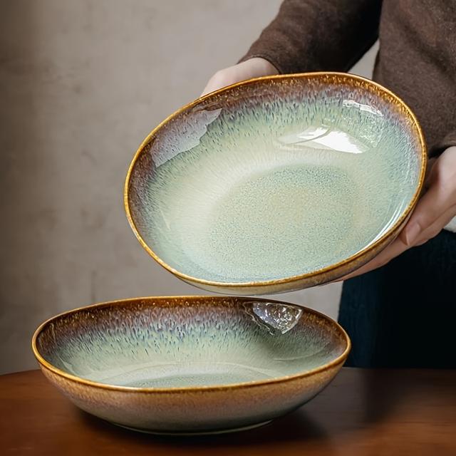 TEMU 2er Set, 8,46 x 1,96 Zoll Großvolumige Handgefertigte Keramik-Teller mit Flammenmuster – Einzigartig geformte Salatteller, Pastaschüsseln & Obstplatten (900 ml)