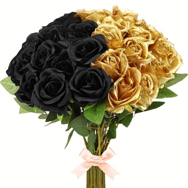 TEMU 20pcs Black, Golden Rose Artificial Flowers With 20.47" Long Stem Real Touch Plastic Roses Bulk For Wedding, Party, Table Centerpieces Bouquet, Bridal, Valentine's Day Gift, Home Decor (mixed)