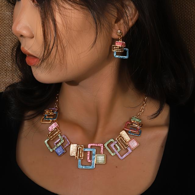 TEMU Geometric Square Hollow Earrings + Necklace Women's Jewelry Set Wear Retro Simple Autumn And Winter Elegant Accessories Gift Creative Women's Fashion And High-end Sense