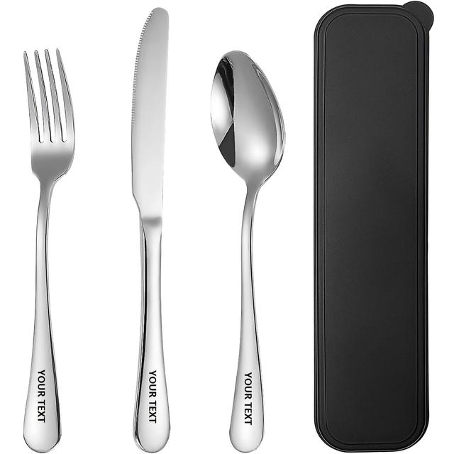 TEMU Custom Engraved 3pcs Stainless Steel Cutlery Set, Portable Knife, Fork, Spoon, Reusable Tableware For Couples, Travel, Camping, Office, School Canteen Lunch Box Essentials