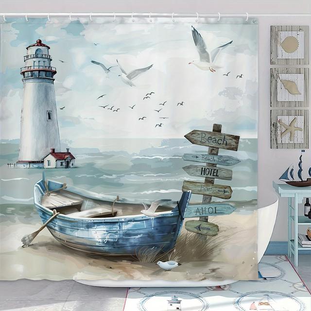 TEMU Juego de Cortina de Ducha de 1 Pieza, Cortina de Ducha con y Playa , Decoración Azul y Verde para Baño con Ganchos, Cortina para Ventana