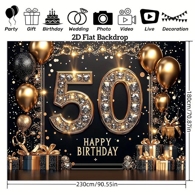 TEMU 2d Flat, 50th Birthday Party Banner, 8x6ft Polyester Backdrop, Multipurpose Festive Decor For Indoor & Outdoor Events, Room & Garden Celebrations, Durable Studio Photography Background