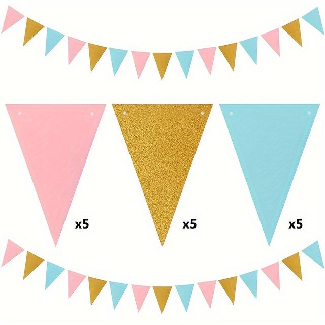 TEMU 15 Stück Blaue, Rosa und Goldene Party-Dreiecksbanner - für Baby-Gender-Reveal- oder Geburtstagsparty-Dekorationen - Papiermaterial, kein erforderlich