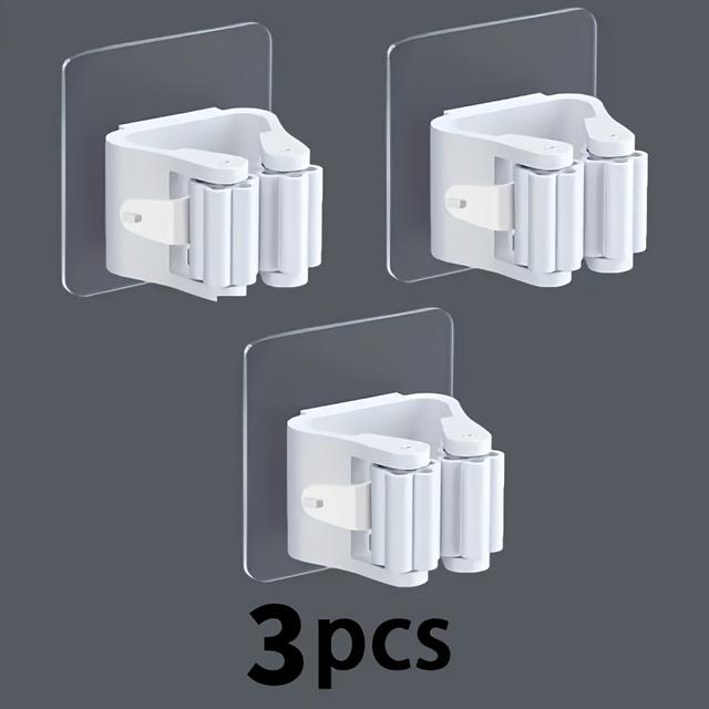 TEMU Easy-install Wall-mounted Mop & Broom Holder - Strong Adhesive, No-drill Storage Rack For , Utility Hooks