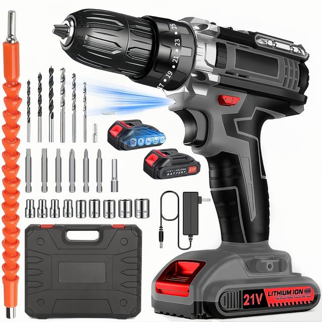 TEMU 2025年式電動ドライバードリ、21Vバッテリー付き、最大32N.mの25段階トルク調整機能、速度制御、前進/後退スイッチ、収納ケース、21ビット穴あけ用、家具組み立てに最適な狭いスペース作業対応