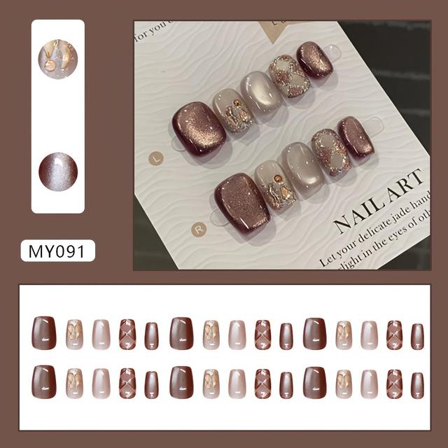 TEMU Uñas Postizas Cuadradas Minimalistas de Otoño con Diseño Retro y Parche de Pedrería de Cat Eye, Color