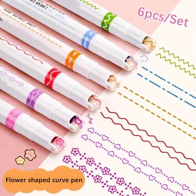 TEMU 6 Flower-shaped Outline Pens Of Different Hairline Rule, With Lines Of Different Curve Shapes, Stationery For Taking Notes, Marking Color Pencil