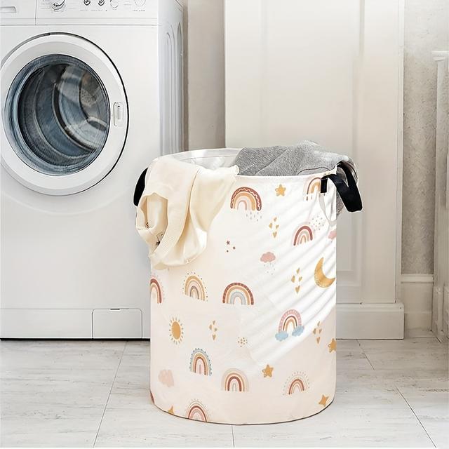 TEMU Rainbow Print Circular Storage Basket - Durable Multi-use Organizer For Clothes, Books, Laundry - Contemporary Room Decor With Pastel Colors, Universal Home Accent