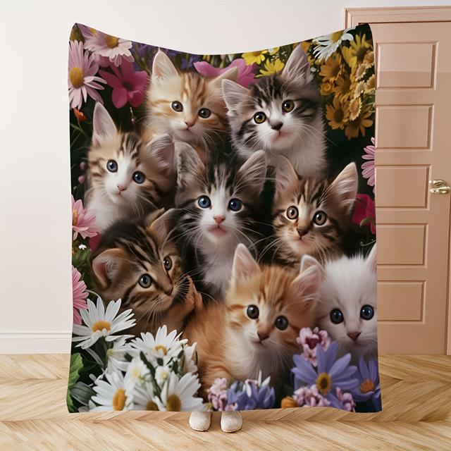 TEMU 1 Cozy Cat Print Fleece Blanket - Soft, Warm, Throw With Vibrant Kitten Design For Sofa, Office, Bedroom - Machine Washable, Tear-resistant, & Gift Decor Piece