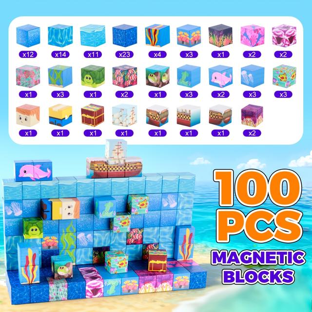 TEMU 100pcs Magnetic Building Blocks Set, Stem Diy Play For Imagination And Co Ordination, Ocean Theme With Vibrant Colors, 3d Treasure Hunt Fun, Great Birthday Christmas Gift