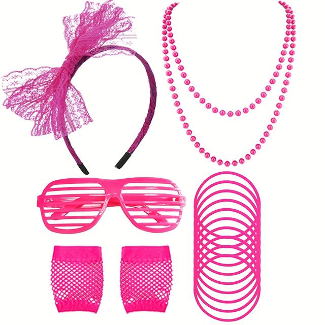 TEMU 5pcs 80s Fancy Dress Costume Accessories Headband Errings Fishnet Gloves Necklace Bracelt Party Outfit Set 80's Party