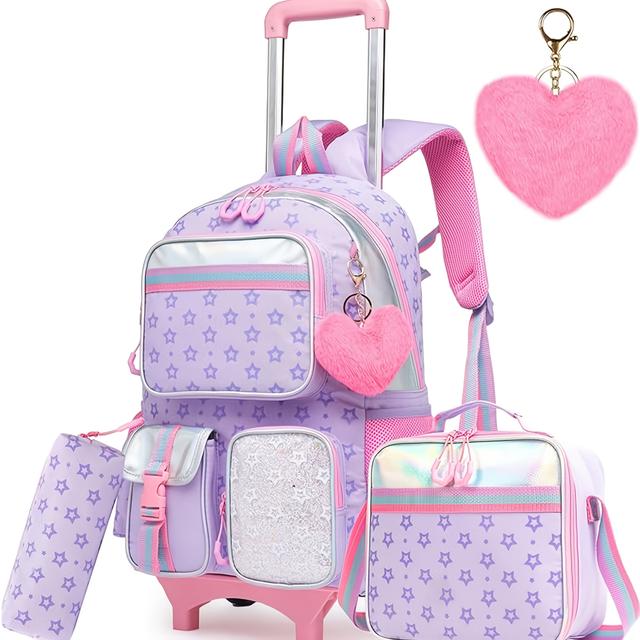 TEMU Rolling Backpack Designed For School Girls, Featuring Wheels, A Lunch Bag, And A Pen Case. Ideal For Children Aged 6-12, In Pink, Green, And Purple. A Perfect Gift For Thanksgiving And Christmas