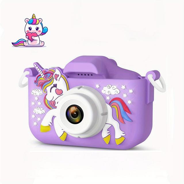 TEMU Xbendon Purple Unicorn Kids Camera With 64gb Memory Card, 48mp 1080p Hd Dual Cameras, Can Music Playback, Usb Charging, Ips Screen - Ideal For , Perfect Christmas Or Birthday Gift