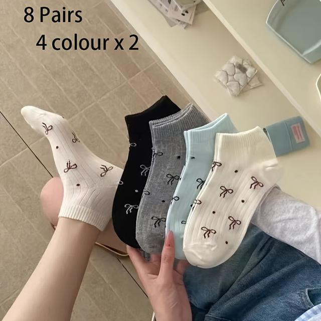 TEMU Pairs Of Spring And Summer Socks With Polka Dots And Bows, Featuring A Sweet And Adorable Design Breathable, Soft, Casual, And Versatile.