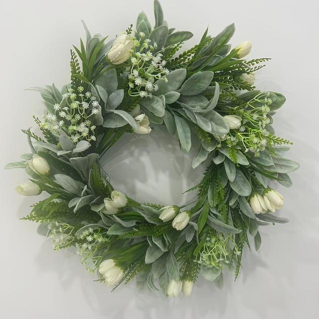 TEMU 1pc, White Cream Tulip Wreath, Front Door Lamb's Ear Spring Wreath, Front Door Farmhouse Wedding Green Indoor Outdoor Summer Wreath