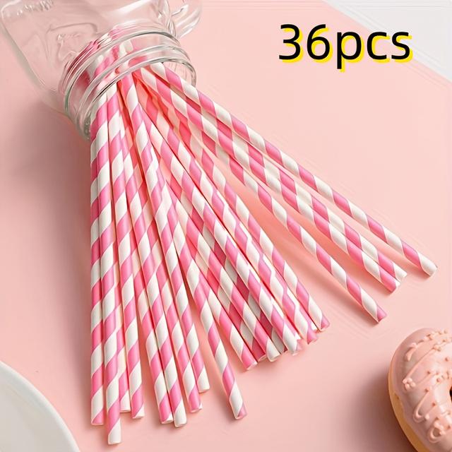 TEMU 36 szt. Różowe Papierowe Słomki w Paski | Średnica 6mm/0.24in, Długość 197mm/7.75in, Jednorazowe Mieszadła do Napojów