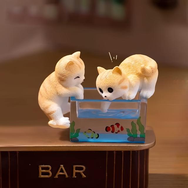 TEMU 3pcs/cat And Fish Tank Plush Figurines, Miniature Home Decor, Desktop Model Creative Ornament