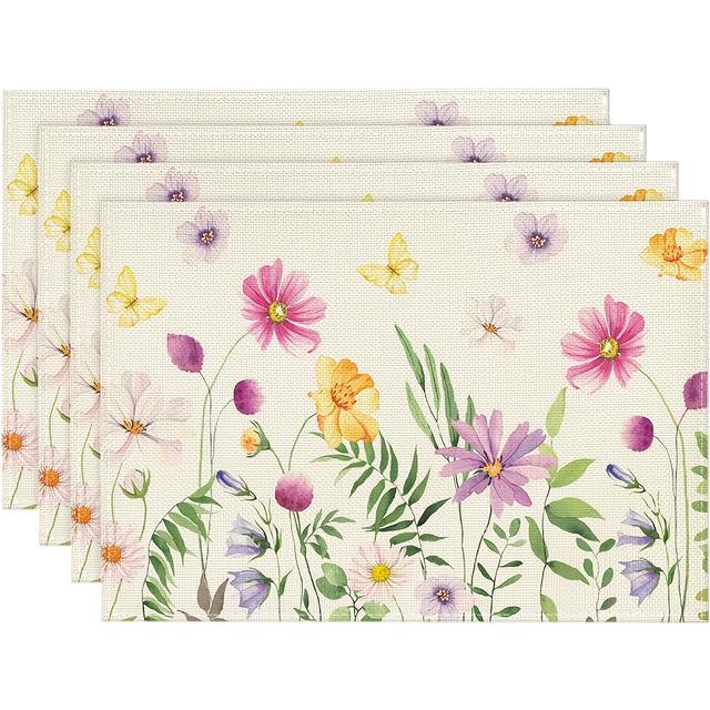 TEMU Zestaw 4 podkładek na stół z motywem kwiatów i motyli, każda o wymiarach 12X18 cali, idealne na letnie obiady i przyjęcia sezonowe