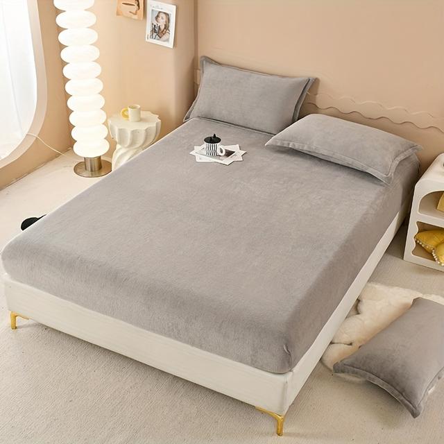 TEMU Neues, verdicktes Winter-Milch-Samt Spannbettlaken, Korallenfleece in Hotelgrau, Matratzenschoner und Bettwäsche-Set