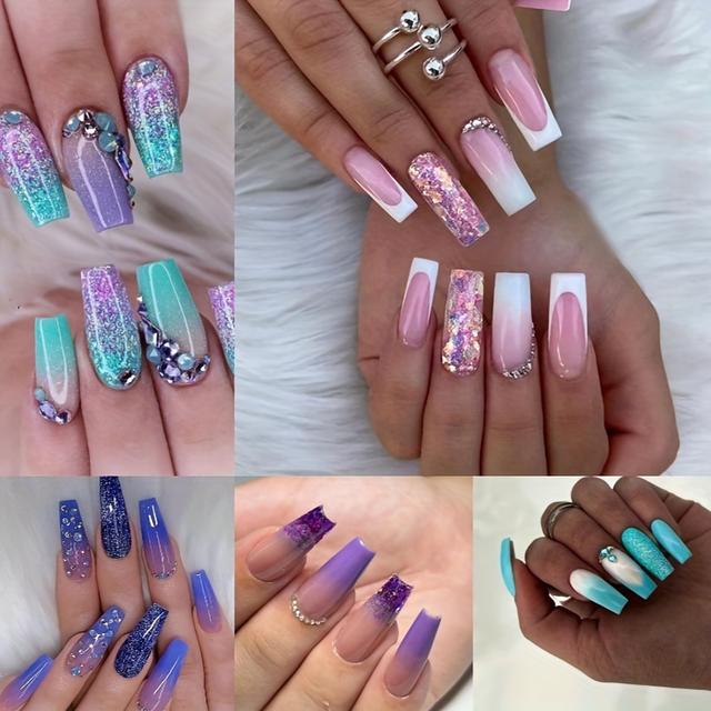 TEMU 5 Pack Medium Coffin Press On Nails Blue Purple Green Pink Gradient Fake Nails, Glossy Glue On Nails, Glitter Artificial False Nails With Double Side Adhesive Tabs For Women & Girls (120pcs)