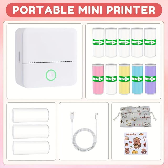 TEMU Imprimante Étiquettes Mini Portable, Imprimante Thermique Fil, Avec 13 Rouleaux de Papier d'Impression pour Différents , Imprimante Mini Encre pour Notes d'Étude, Reçus, Étiquettes, Mémos