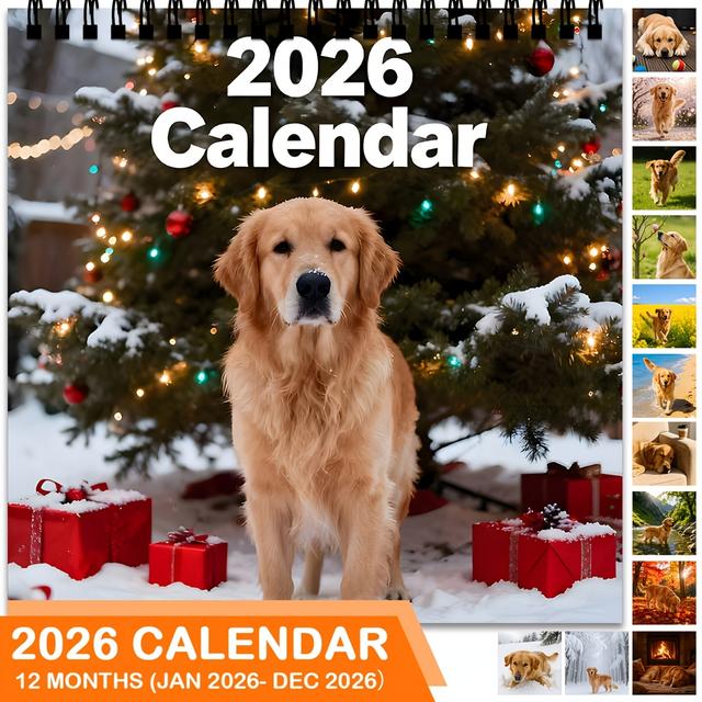 TEMU December Thick Coated Paper, Spiral Double-sided Printed 2, Golden Retriever Wall Calendar | Cute | An Ideal Holiday Gift For Dog Lovers And Christmas Decoration Enthusiasts | Durable And