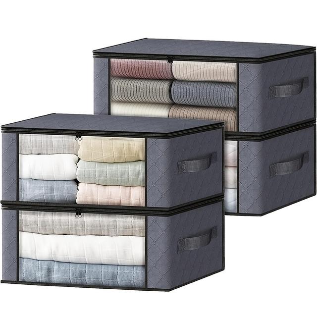 TEMU 4pcs Foldable 35l Storage Bags With Zipper & Transparent Pvc Window - Non-woven Fabric, Gray, Ideal For Clothes & Moving Organization